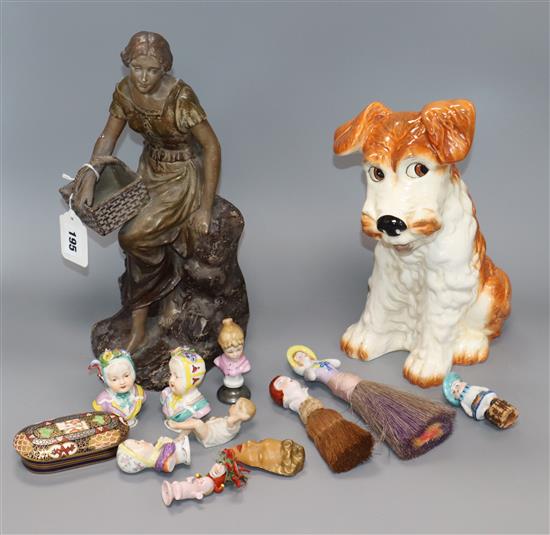 A quantity of pin dollies, a Sylvac dog, an Austrian figure, etc.